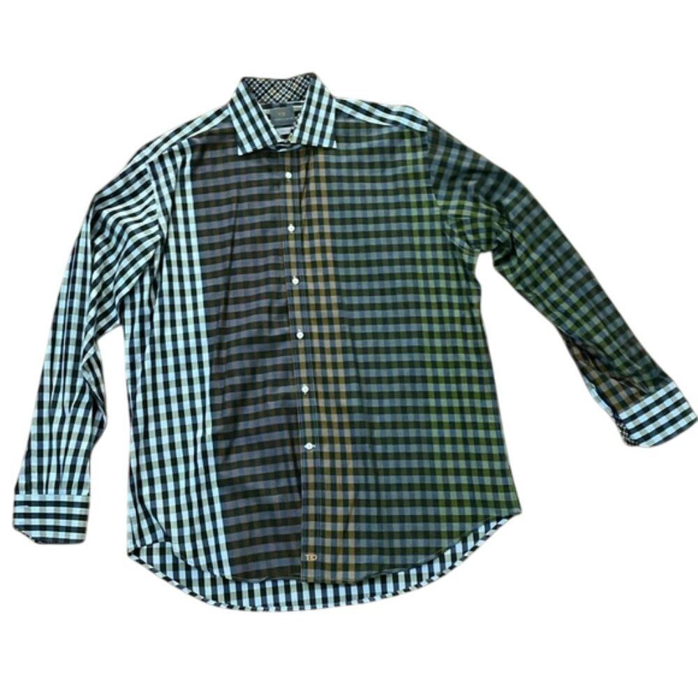Thomas Dean Multicolor Check Pima Cotton Button Up Shirt Mens Extra Large